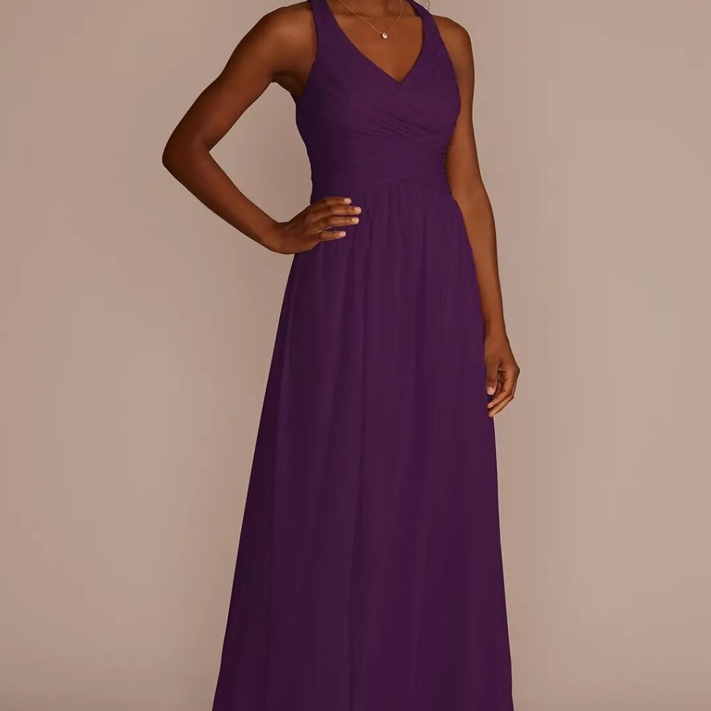 David's Bridal Mesh Long Dress with Crisscross Back